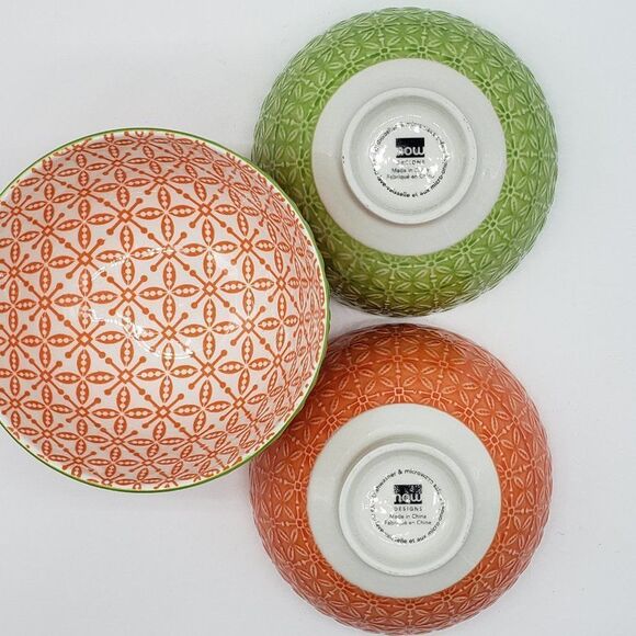 Now Designs Stamped Green/Orange and Orange/Black Porcelain 4pc Rice Bowl Set - Picture 3 of 13